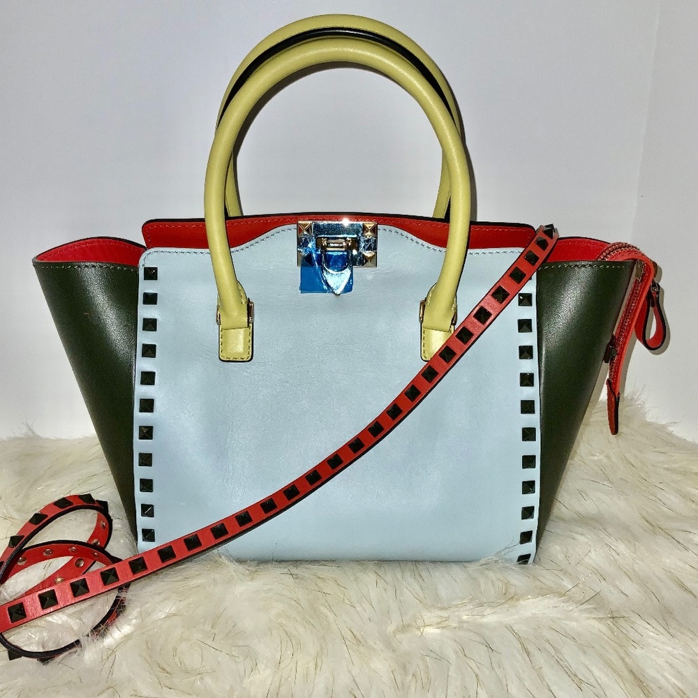 NWOT Valentino GaravaniColorblock Rockstud Tote Calfskin S COA $2245+Tax SOLDOUT